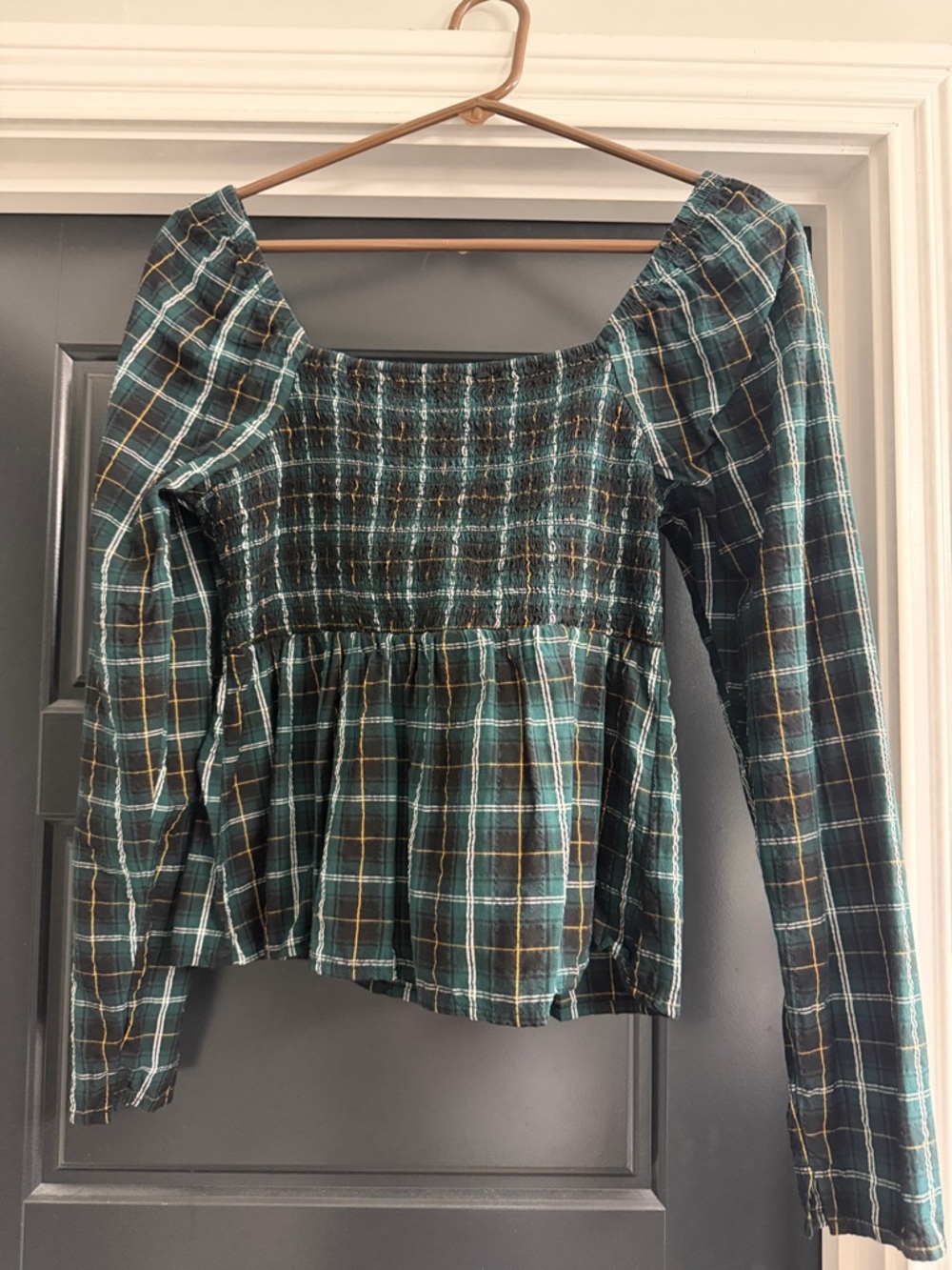 Old Navy Green Plaid Smocked Peplum Blouse